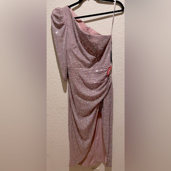 NWT Mac Duggal Sequins One Shoulder Faux Wrap Dress Mauve Multi Color Size 4 - Picture 5 of 12